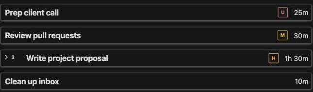 Tasks list showing colored priority chips on each task