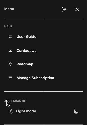 Menu drawer with help, appearance, and settings sections