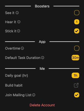 Settings panel showing the Boosters section