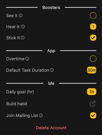 Settings panel showing the Boosters section