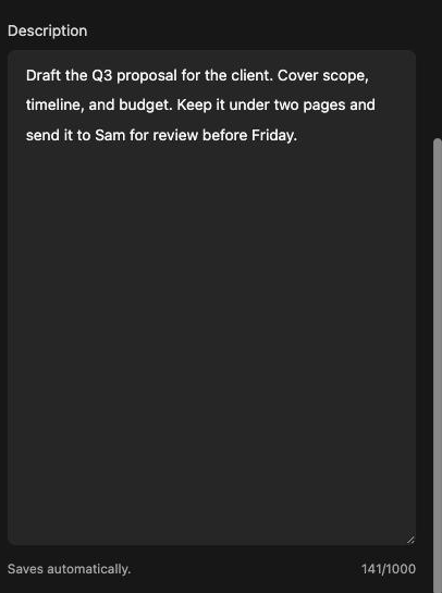 Description field with automatic saving and a character counter