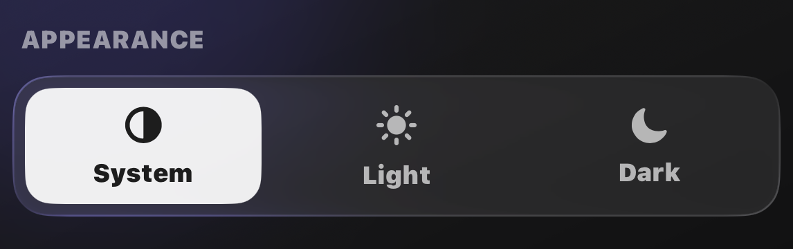 Appearance setting with System, Light, and Dark options