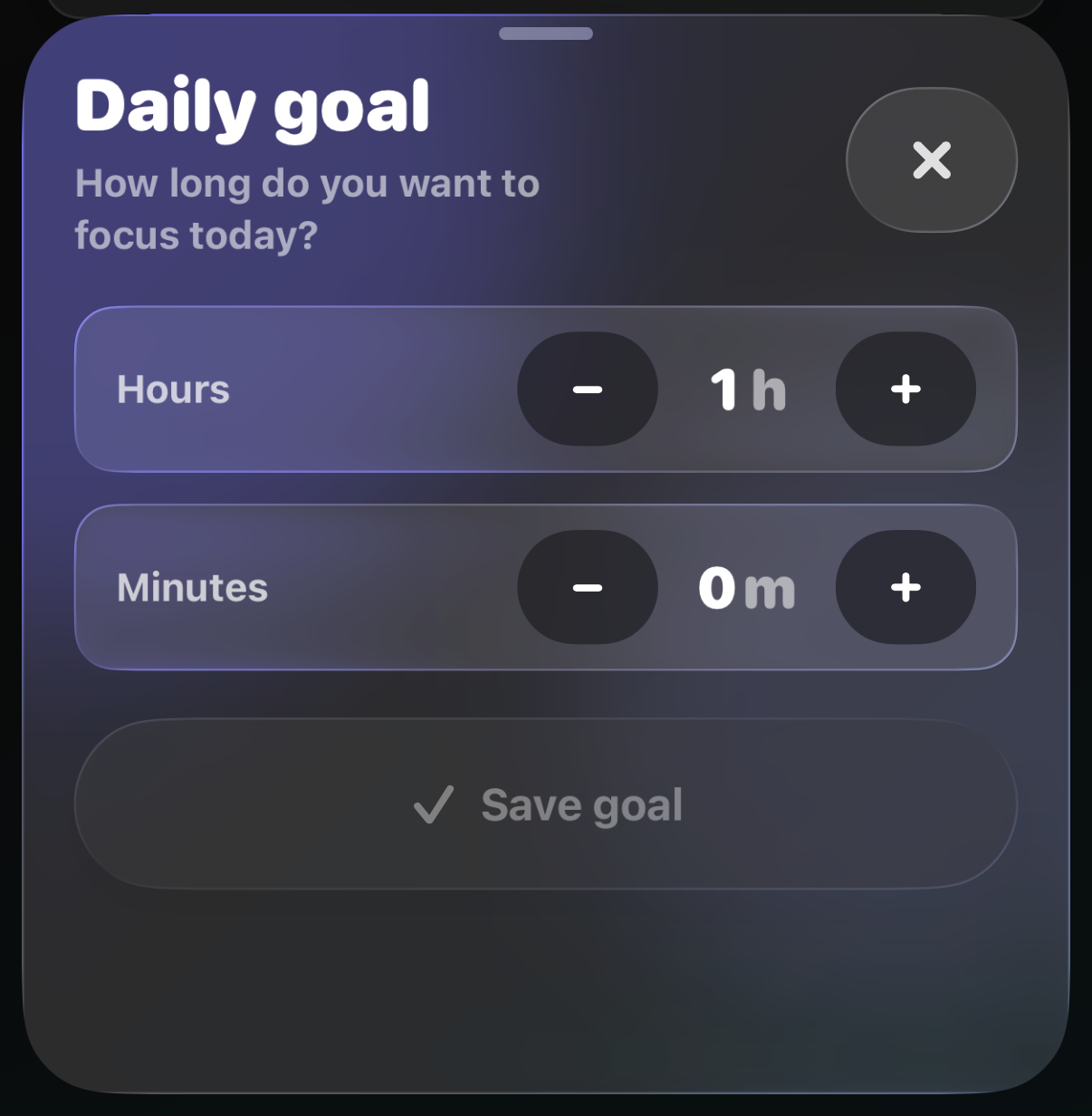 Daily goal editor sheet with hours and minutes steppers