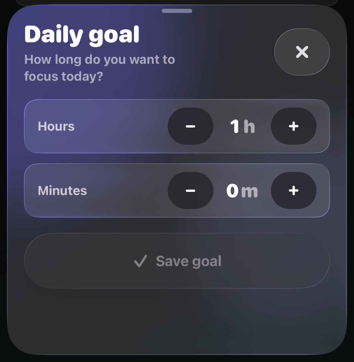 Daily goal editor sheet with hours and minutes steppers