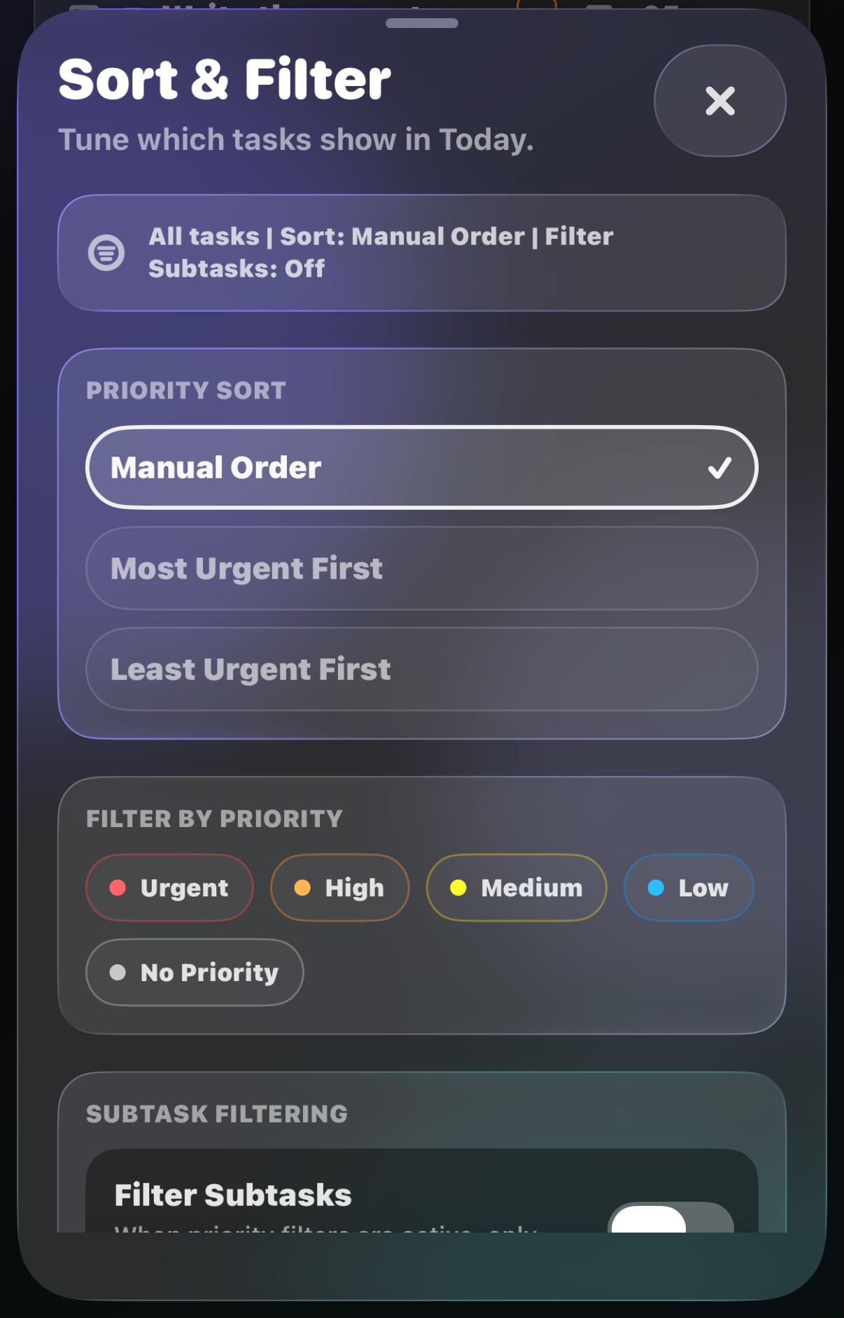 Sort and Filter sheet with priority sort and filter options