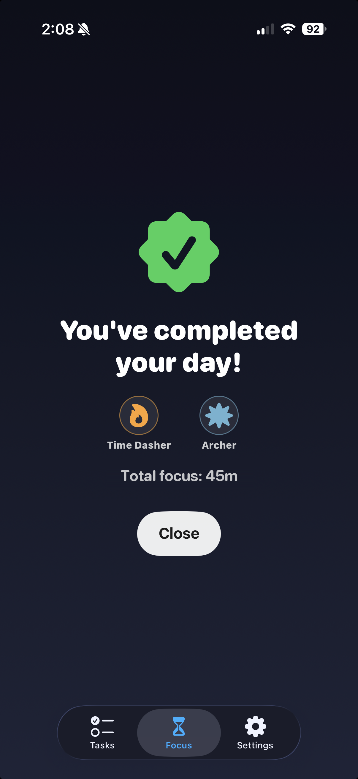 Focus session summary with achievement badges