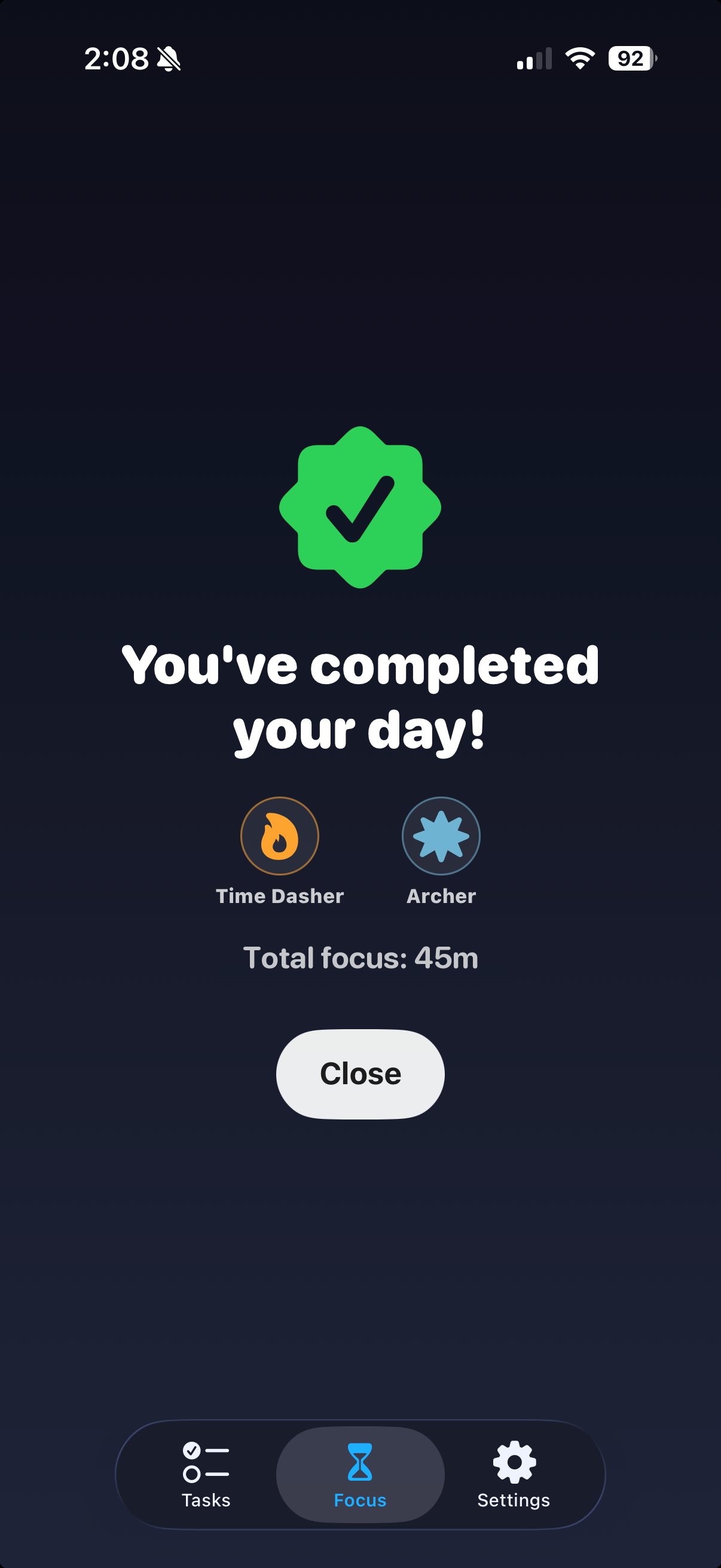 Focus session summary with achievement badges