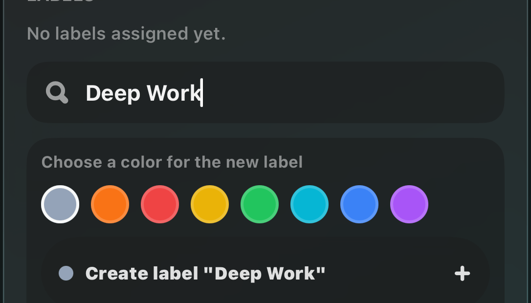 Labels section with color options inside the task details view
