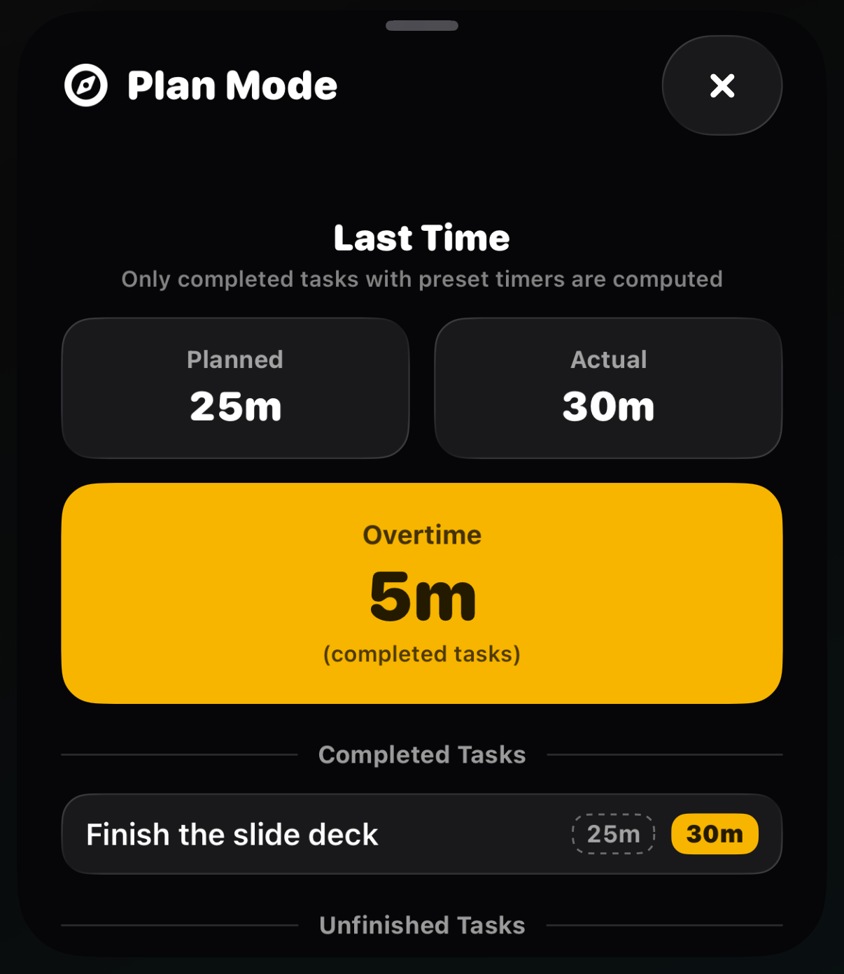 Last Time panel with planned versus actual stats