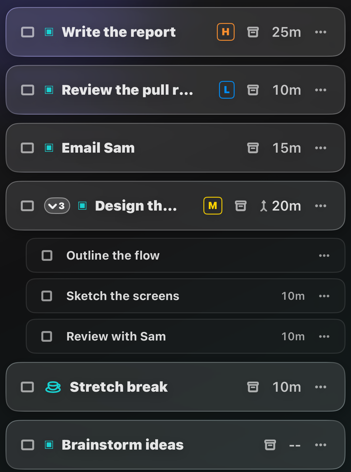 Tasks list with checkboxes, timers, and priority chips