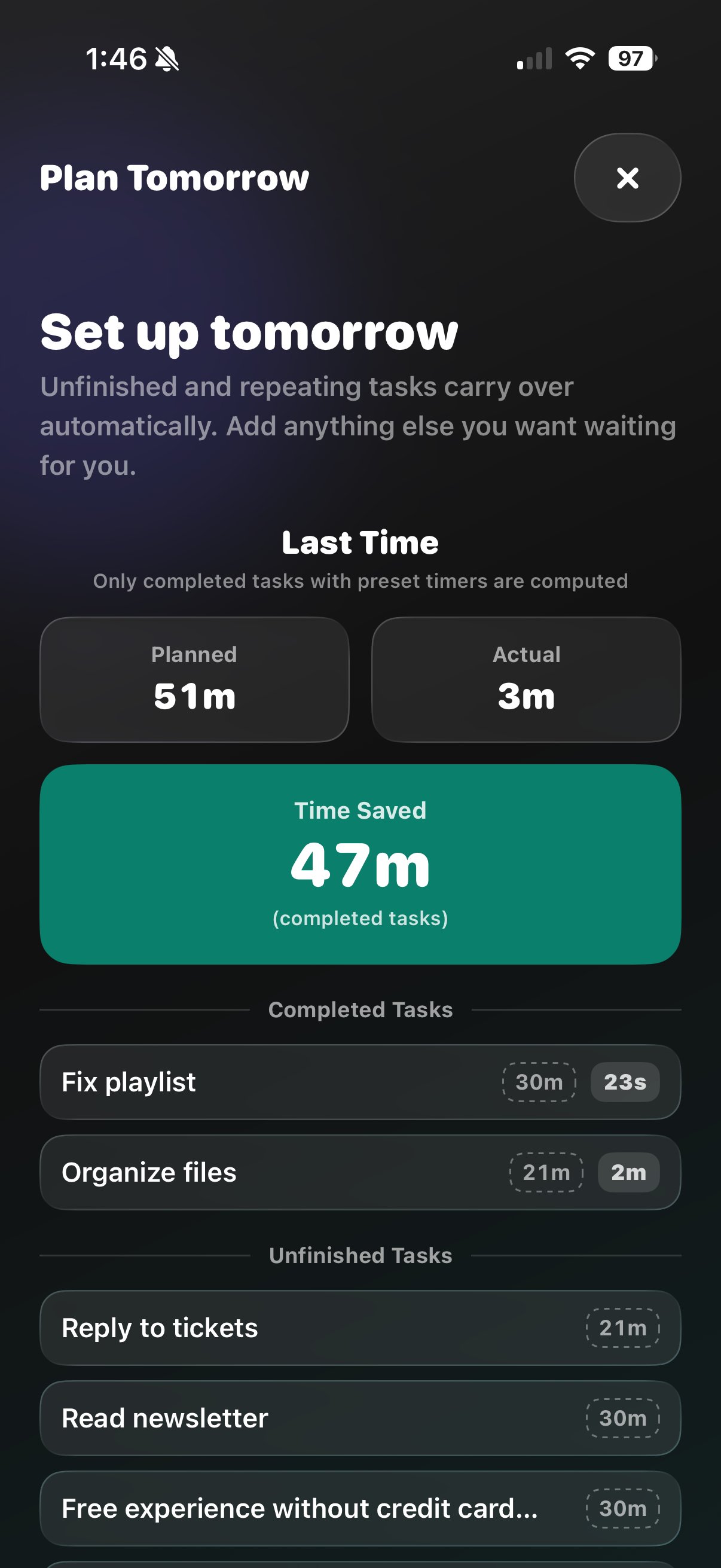 Plan Tomorrow screen with the Last Time recap
