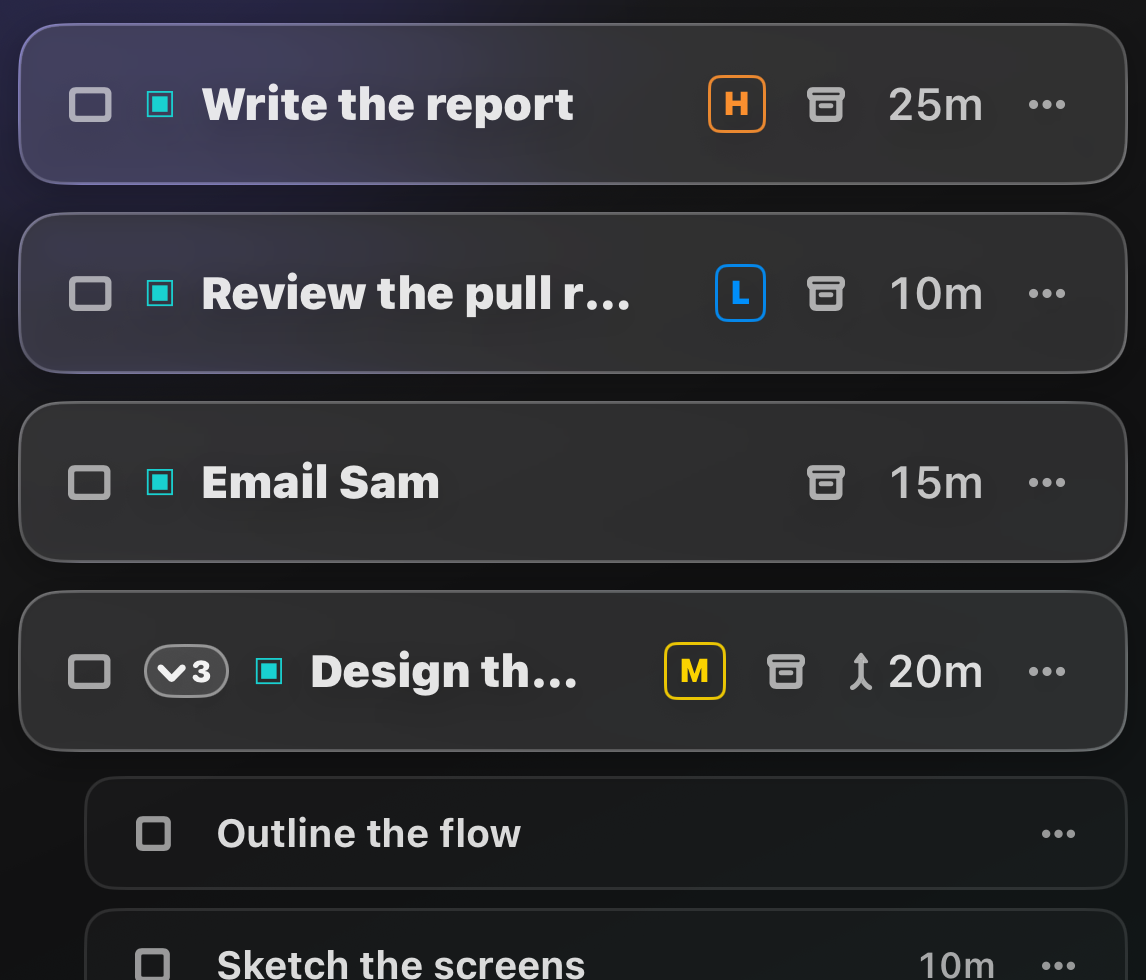 Tasks list showing colored priority chips on each task