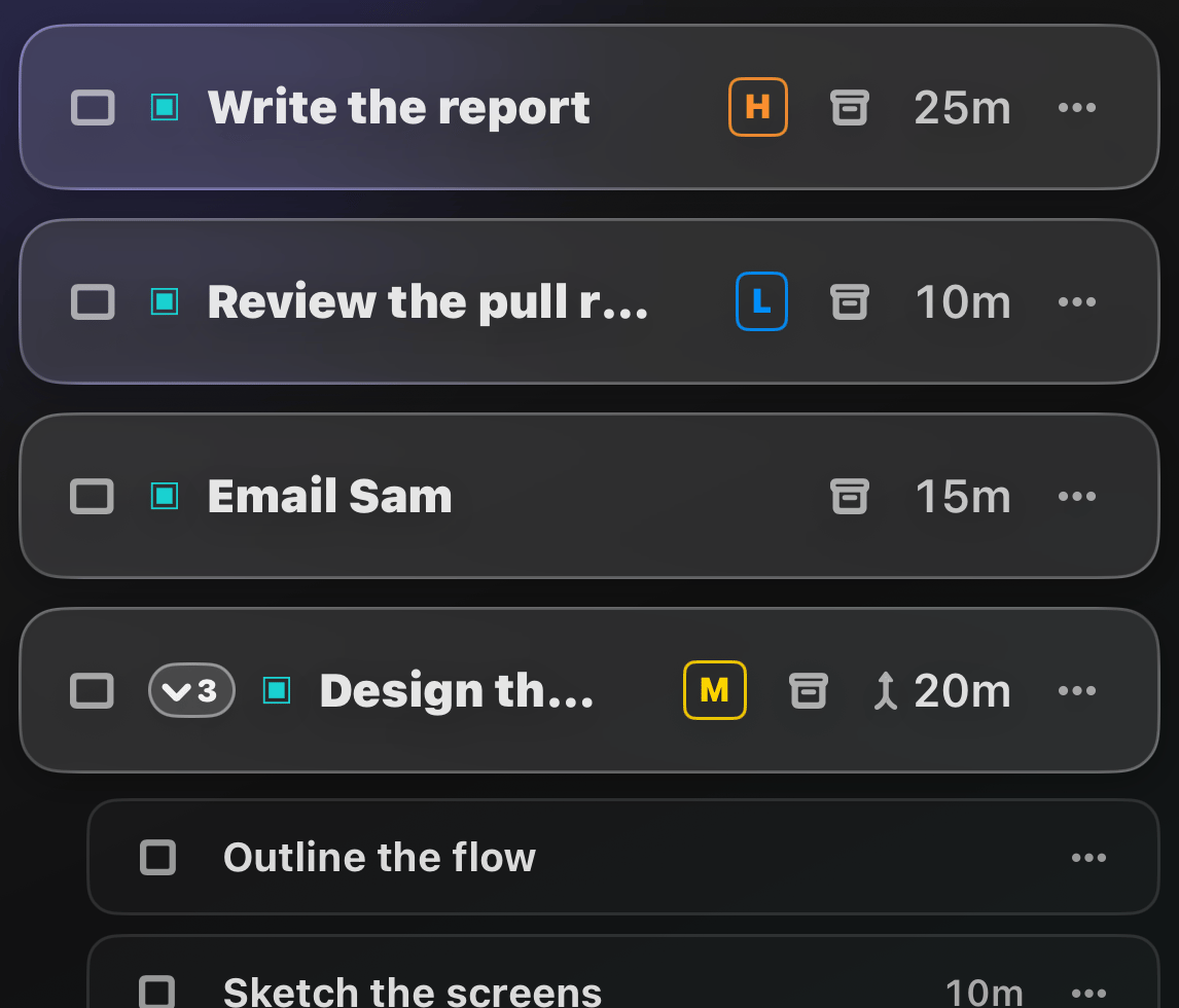 Tasks list showing colored priority chips on each task