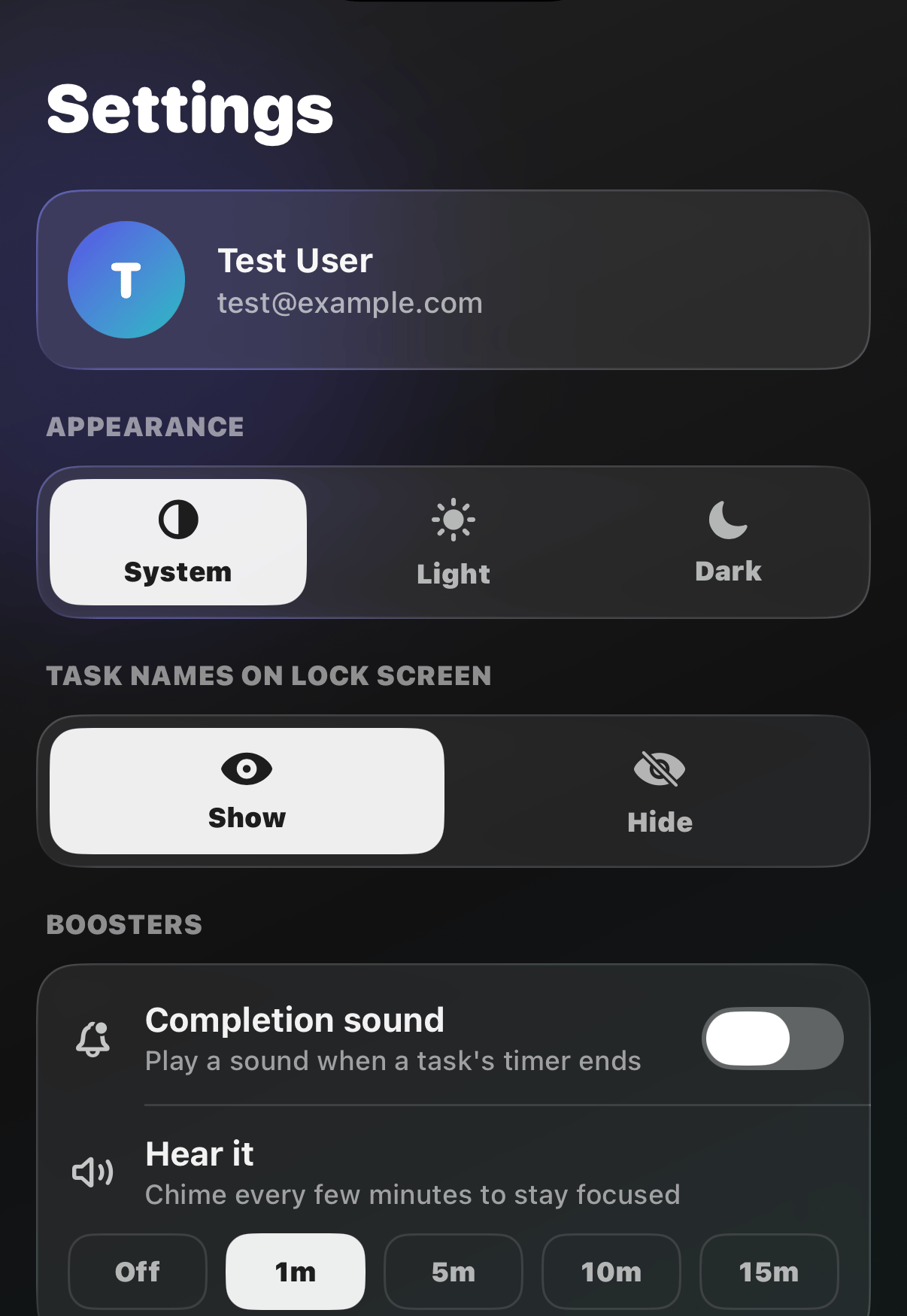 Settings tab with appearance, lock screen, and booster options