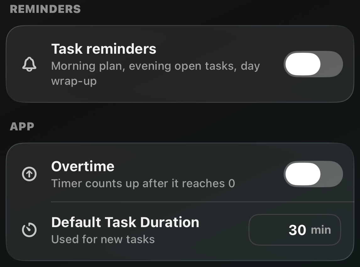 Reminder toggles in Settings