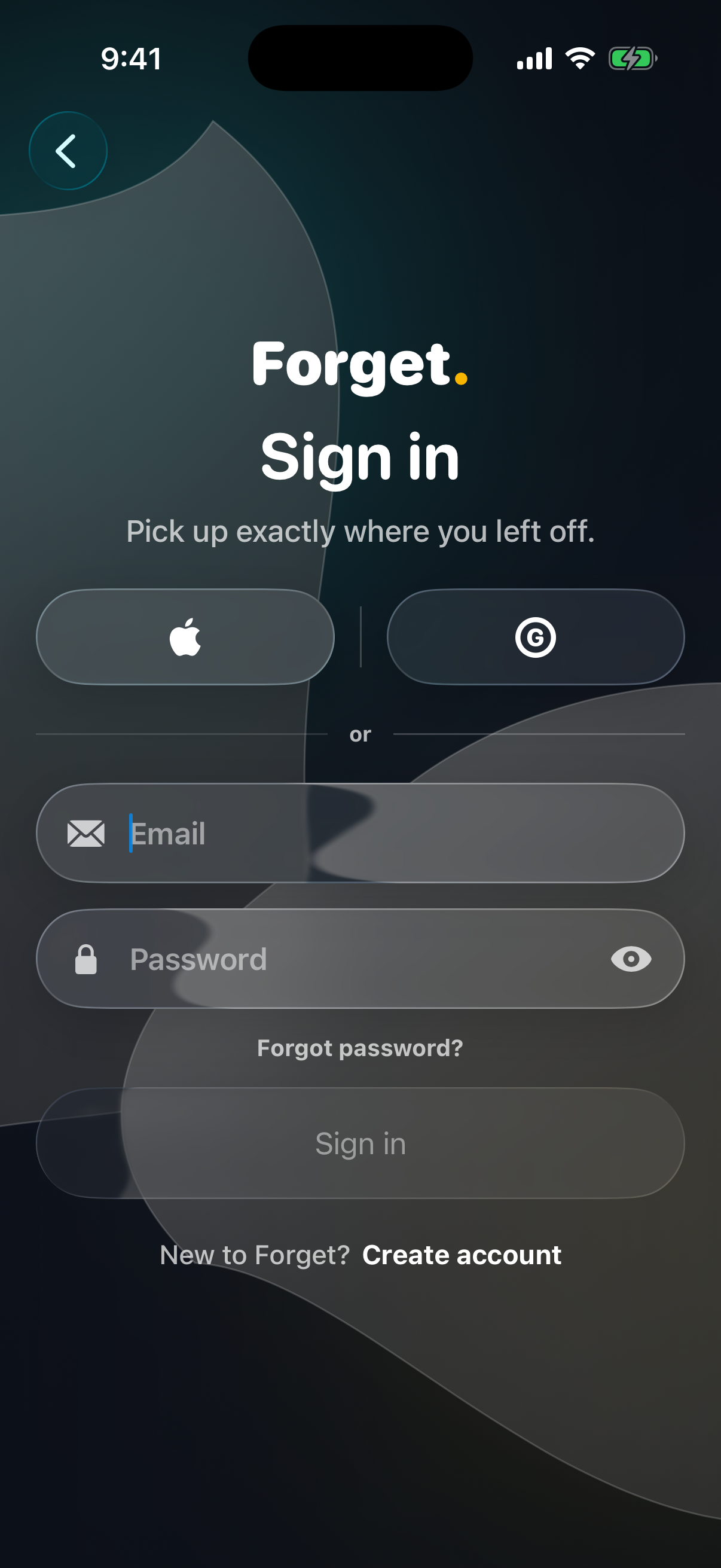 Sign in screen with Apple, Google, and email options