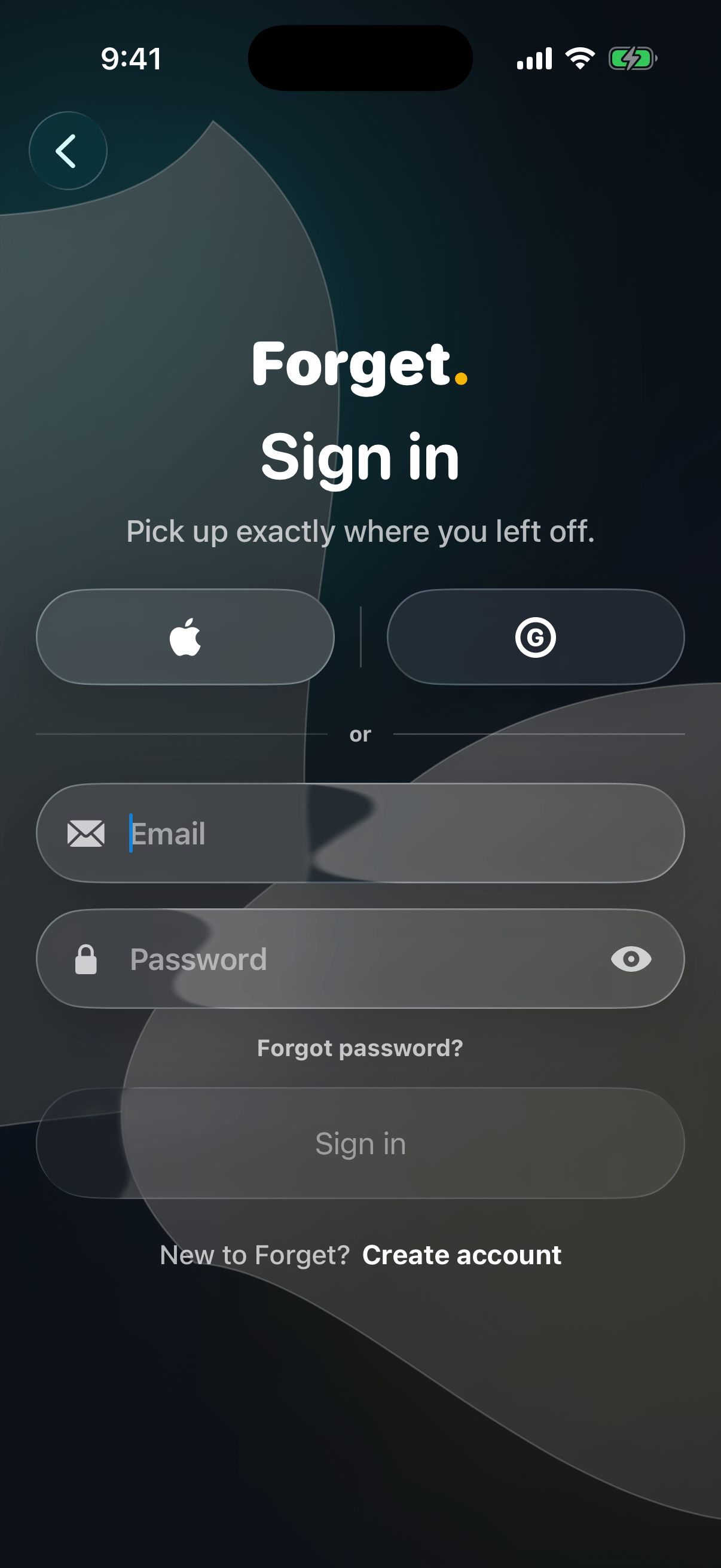 Sign in screen with Apple, Google, and email options
