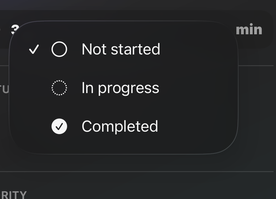 Status menu inside the task details view