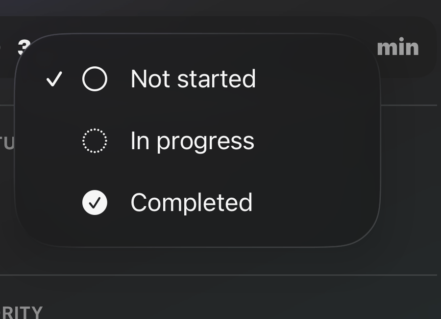 Status menu inside the task details view