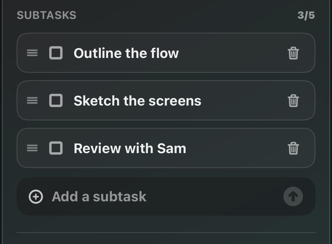 Subtasks section inside the task details view