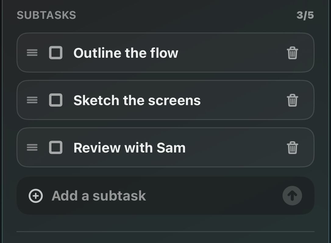 Subtasks section inside the task details view