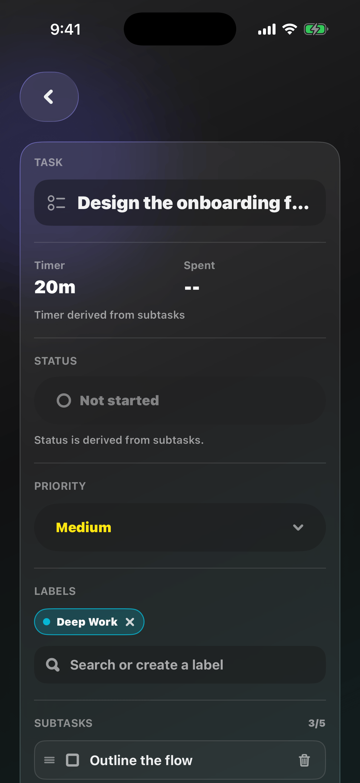 Task details view with timer, status, priority, labels, and subtasks