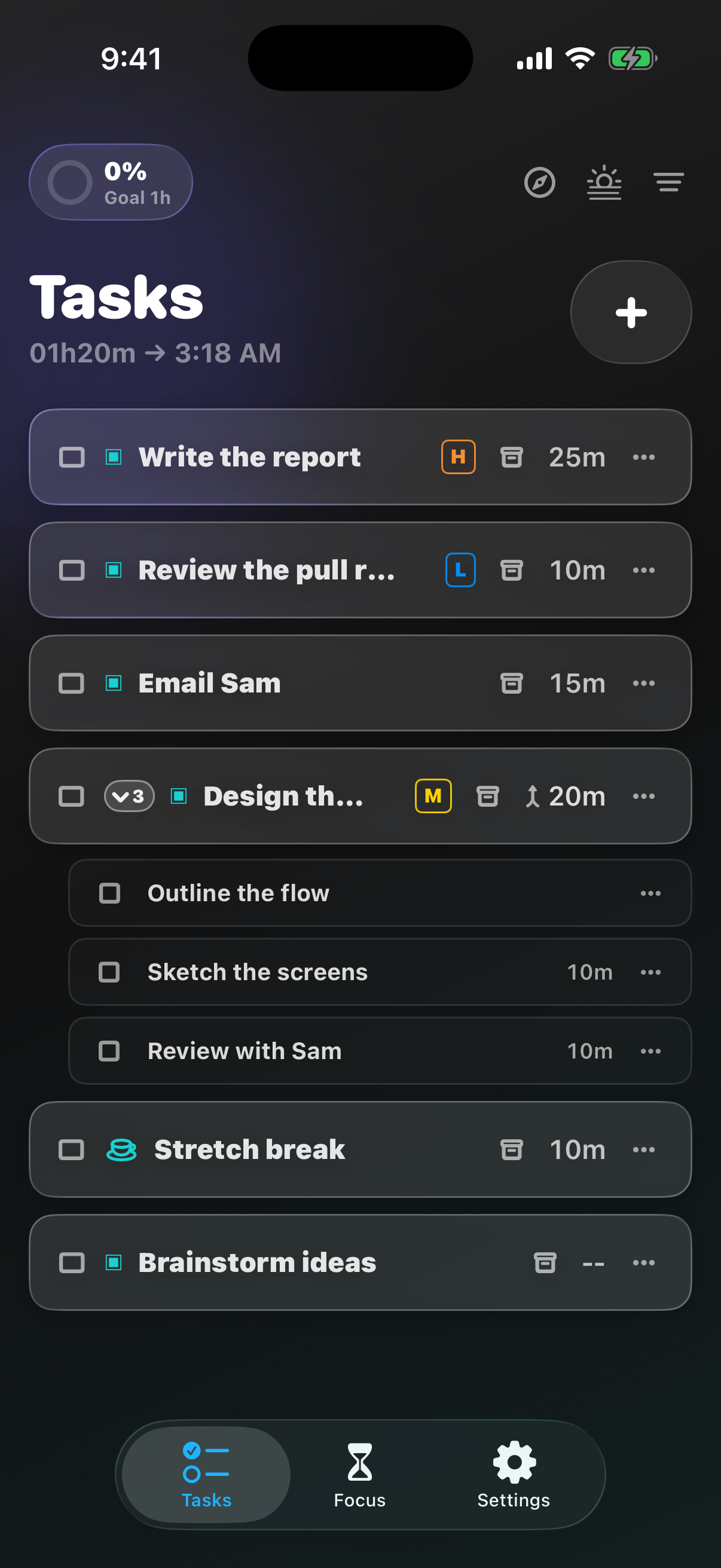 Tasks tab showing the daily task list