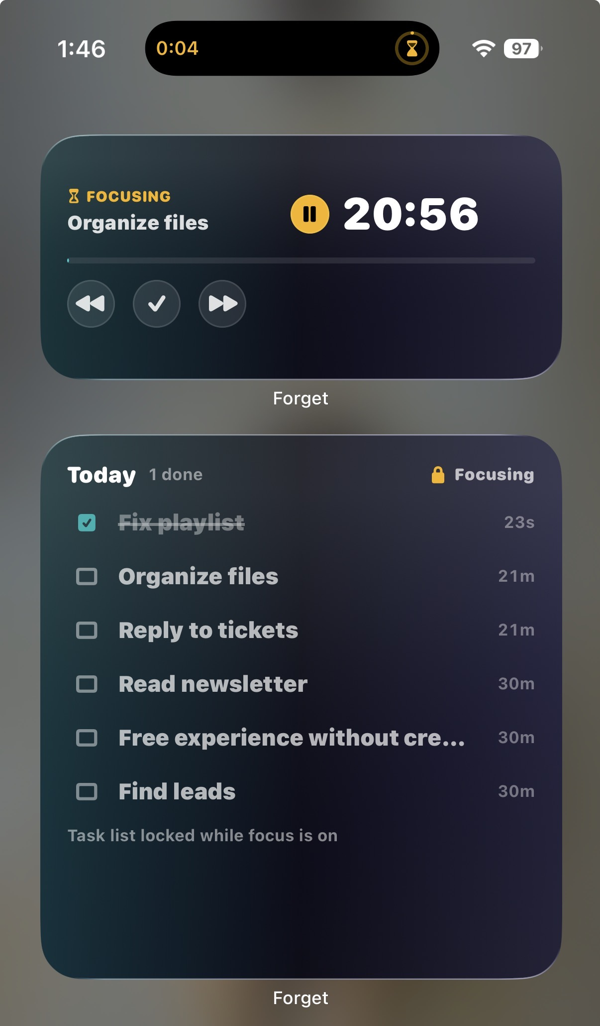 Focus widget with live timer and controls