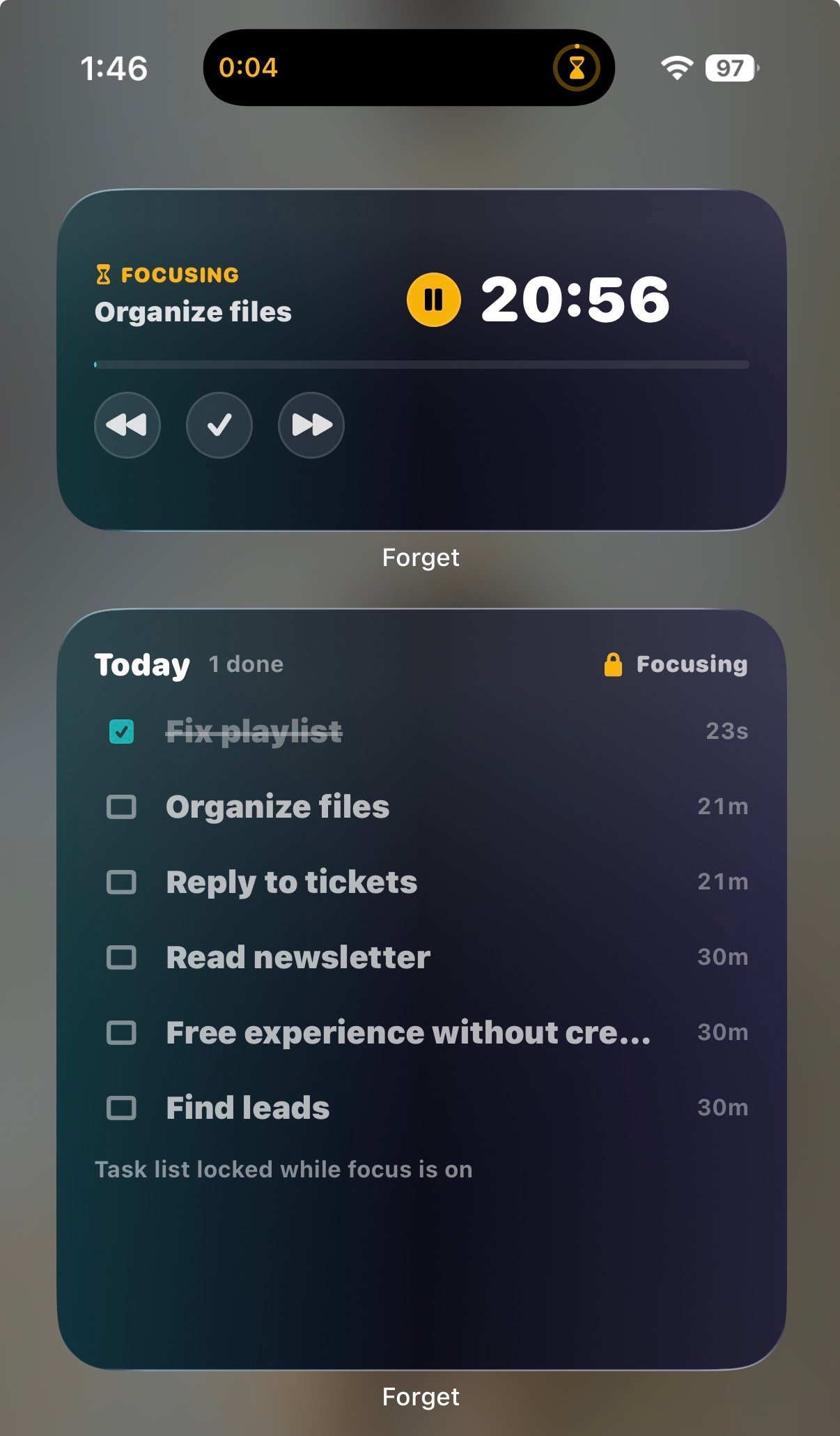Focus widget with live timer and controls