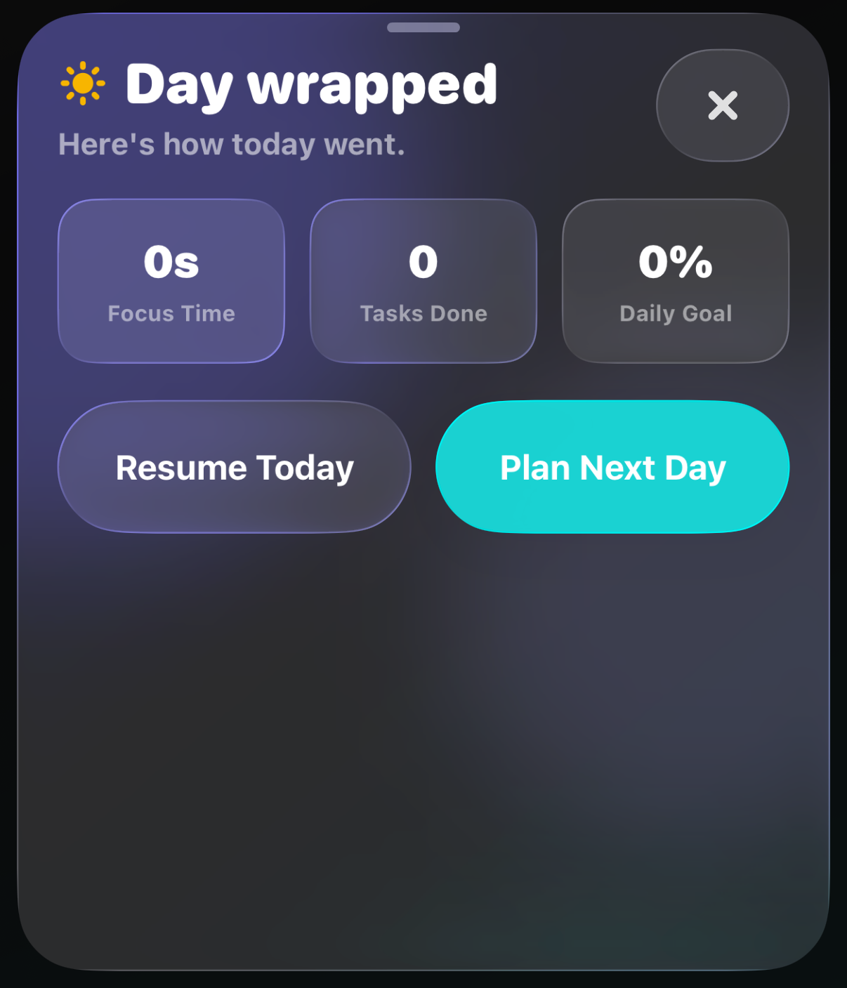 Wrap Day summary with focus time, tasks done, and daily goal