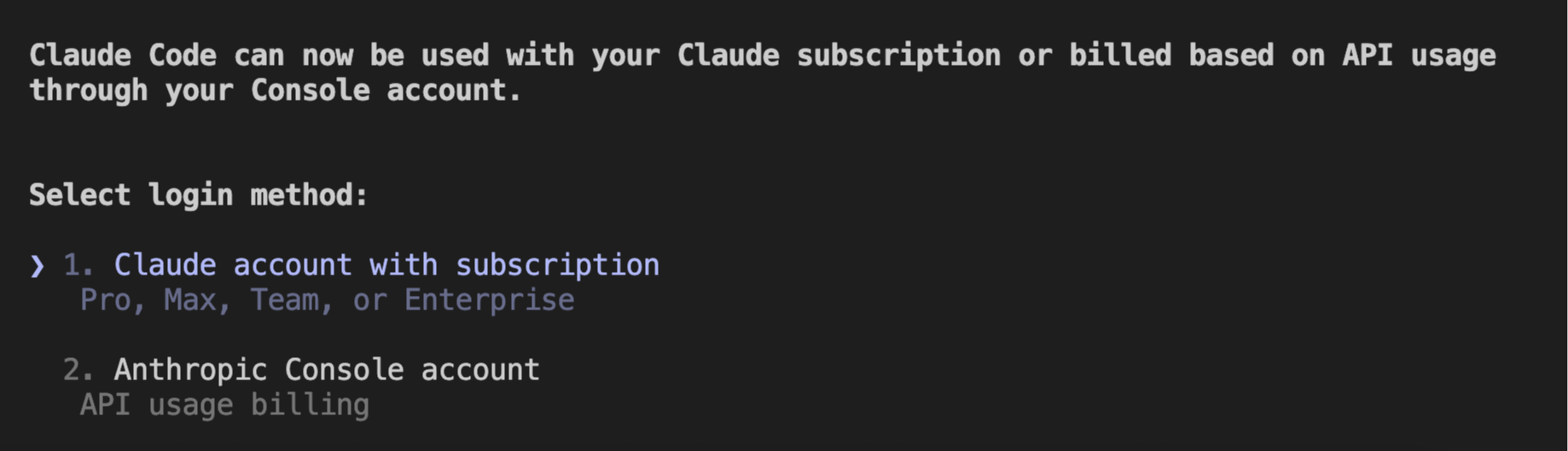 Select authentication method with Claude account