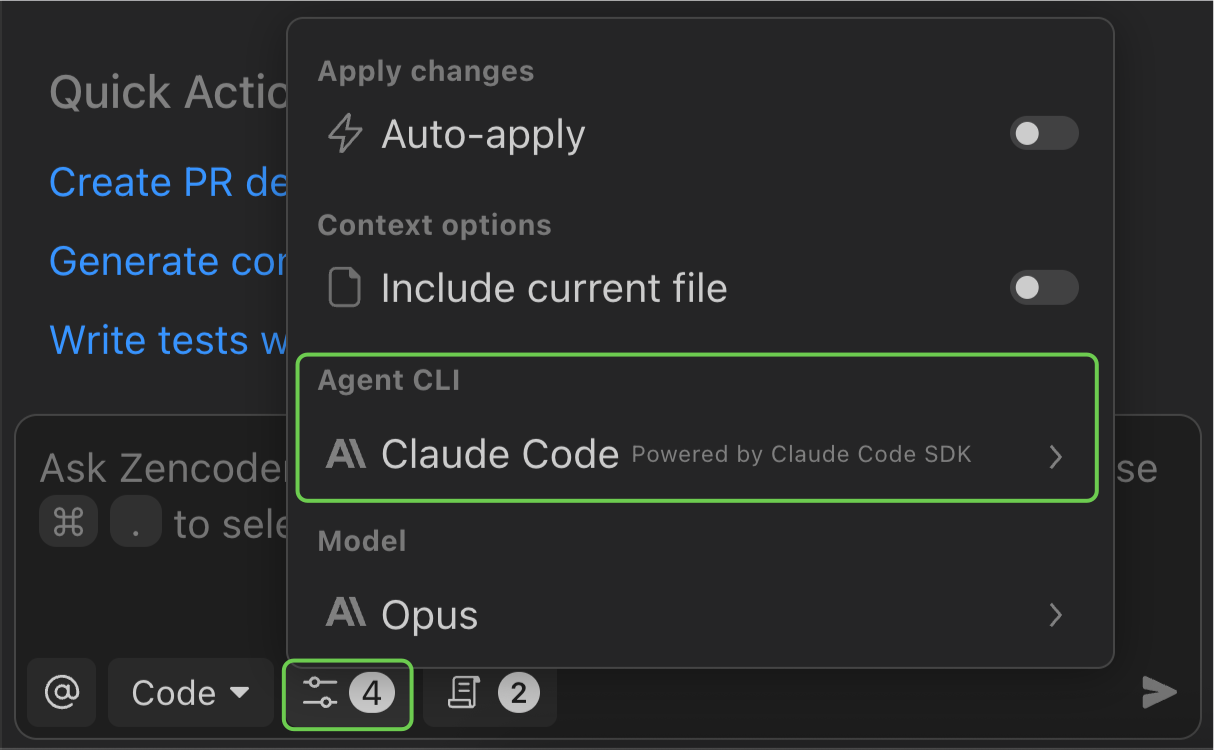 Selecting Claude Code as runtime in Zencoder settings