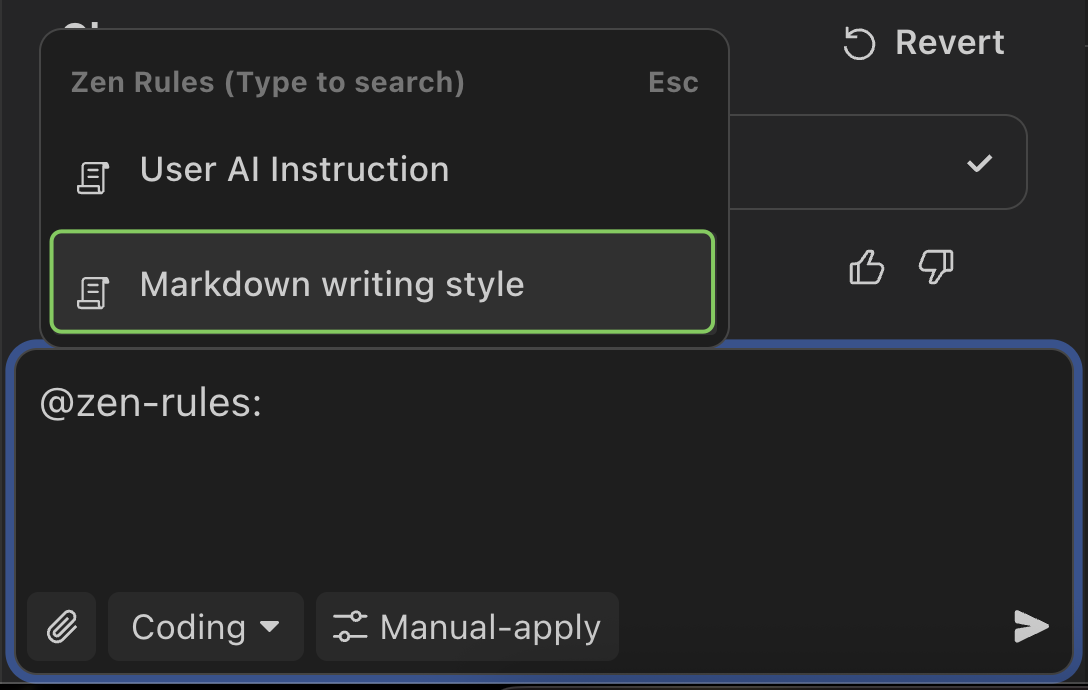 Zen Rules mentioning interface showing @ dropdown with Zen Rules option and list of available rules