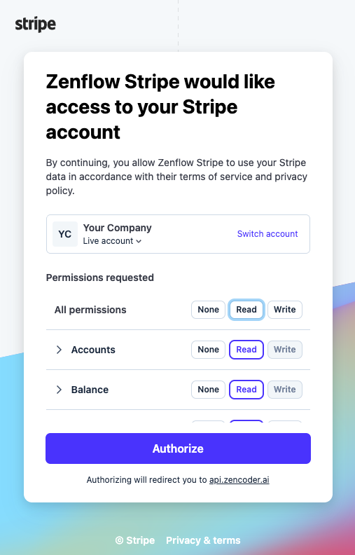 Stripe Permissions Selection Screen