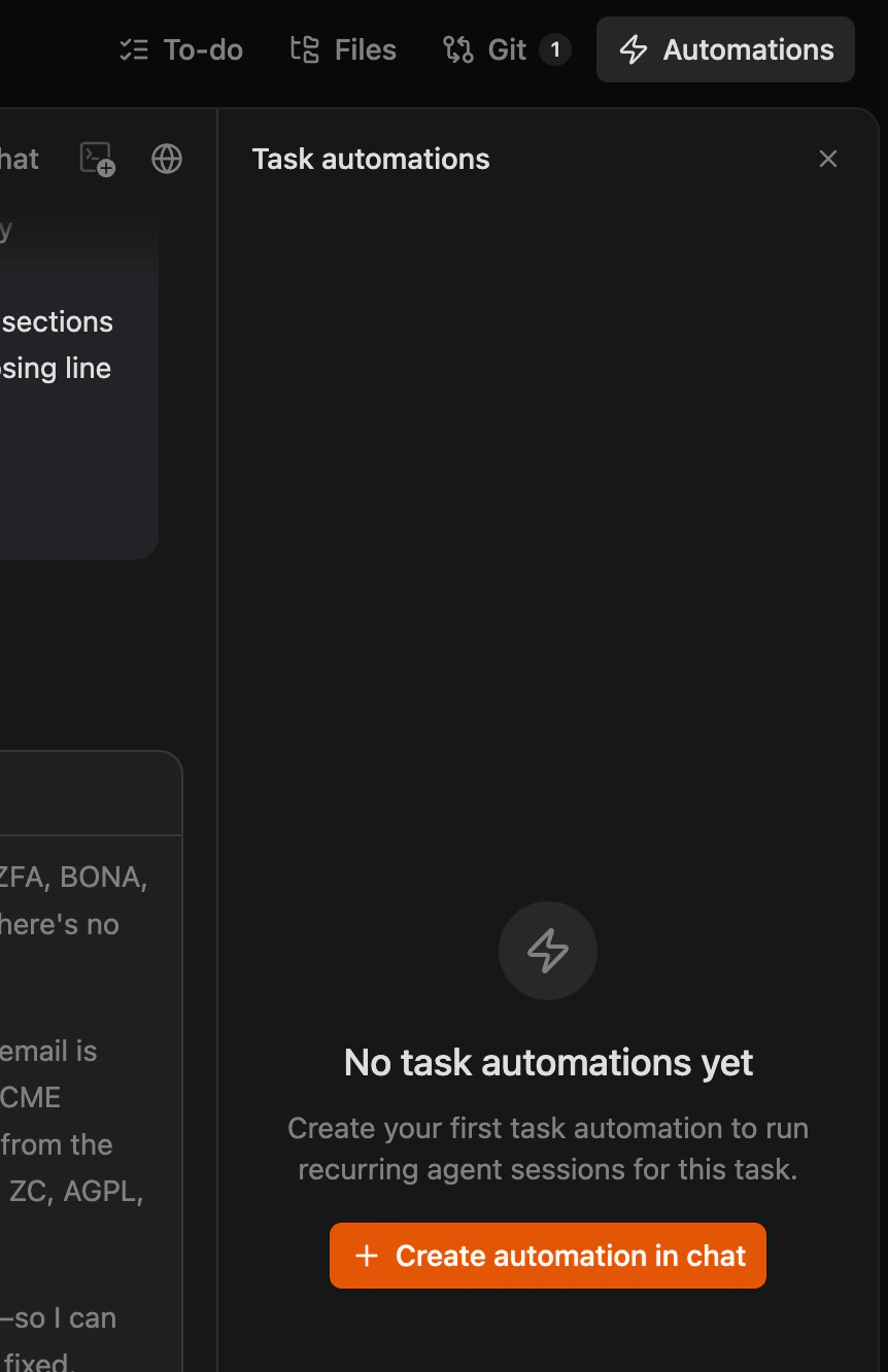 Task automations panel showing the Create automation in chat button