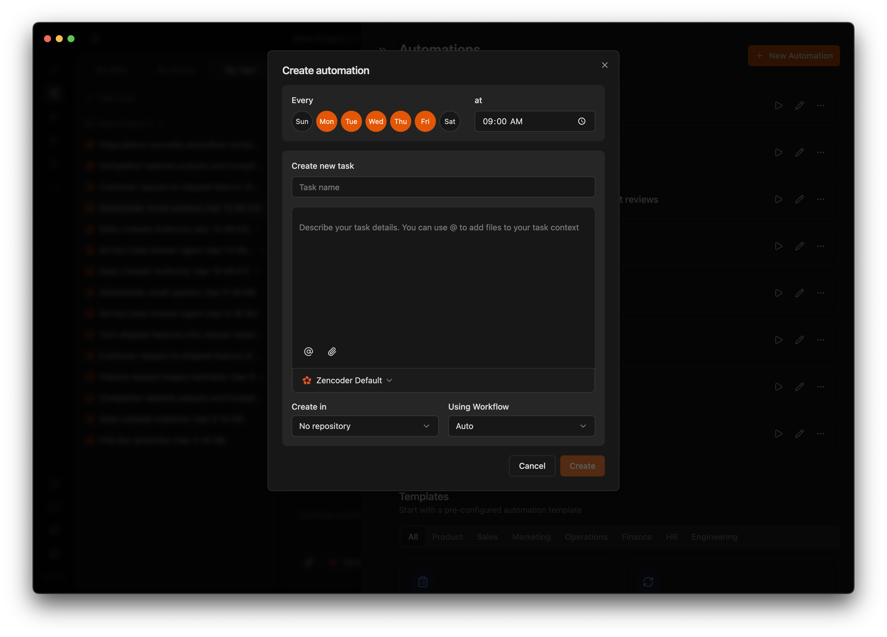 Create automation dialog showing schedule picker, task name, description, repository, and workflow fields