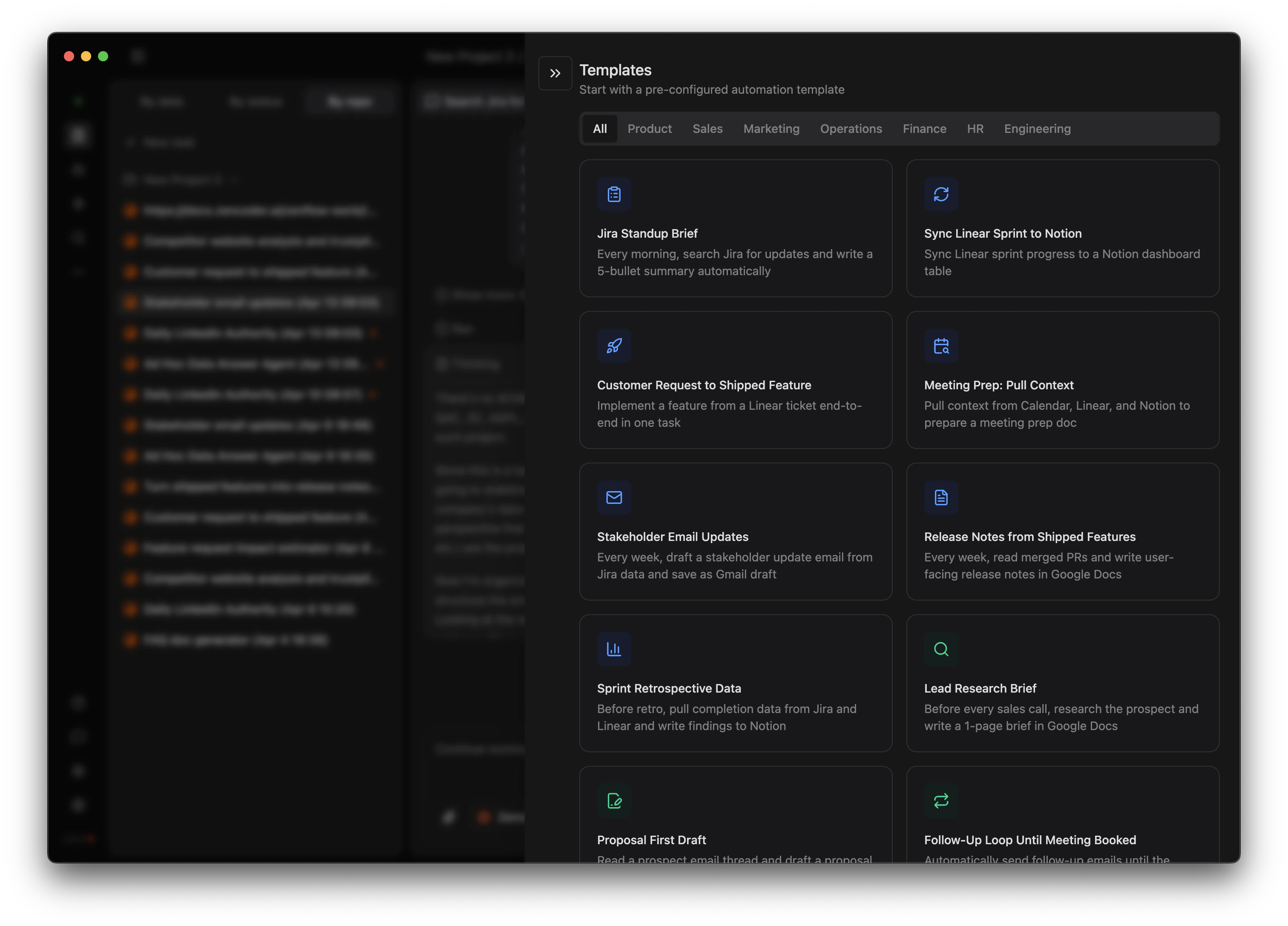 Templates panel showing pre-configured automation templates organized by department