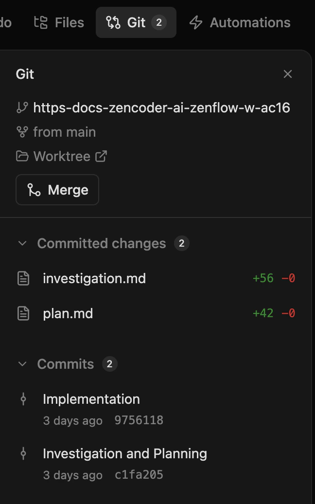 Zenflow Changes page showing Commit and Discard buttons for manual edits