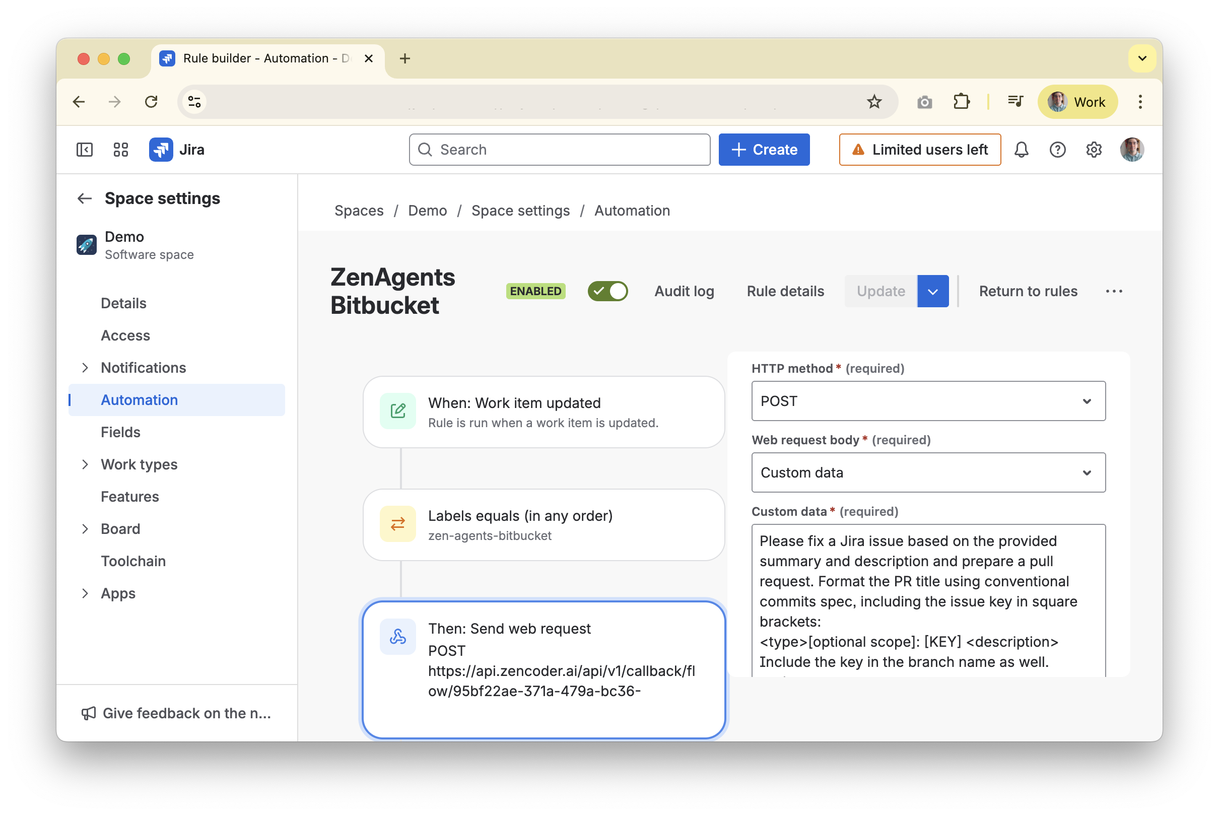 Jira automation rule configured for Bitbucket webhook trigger