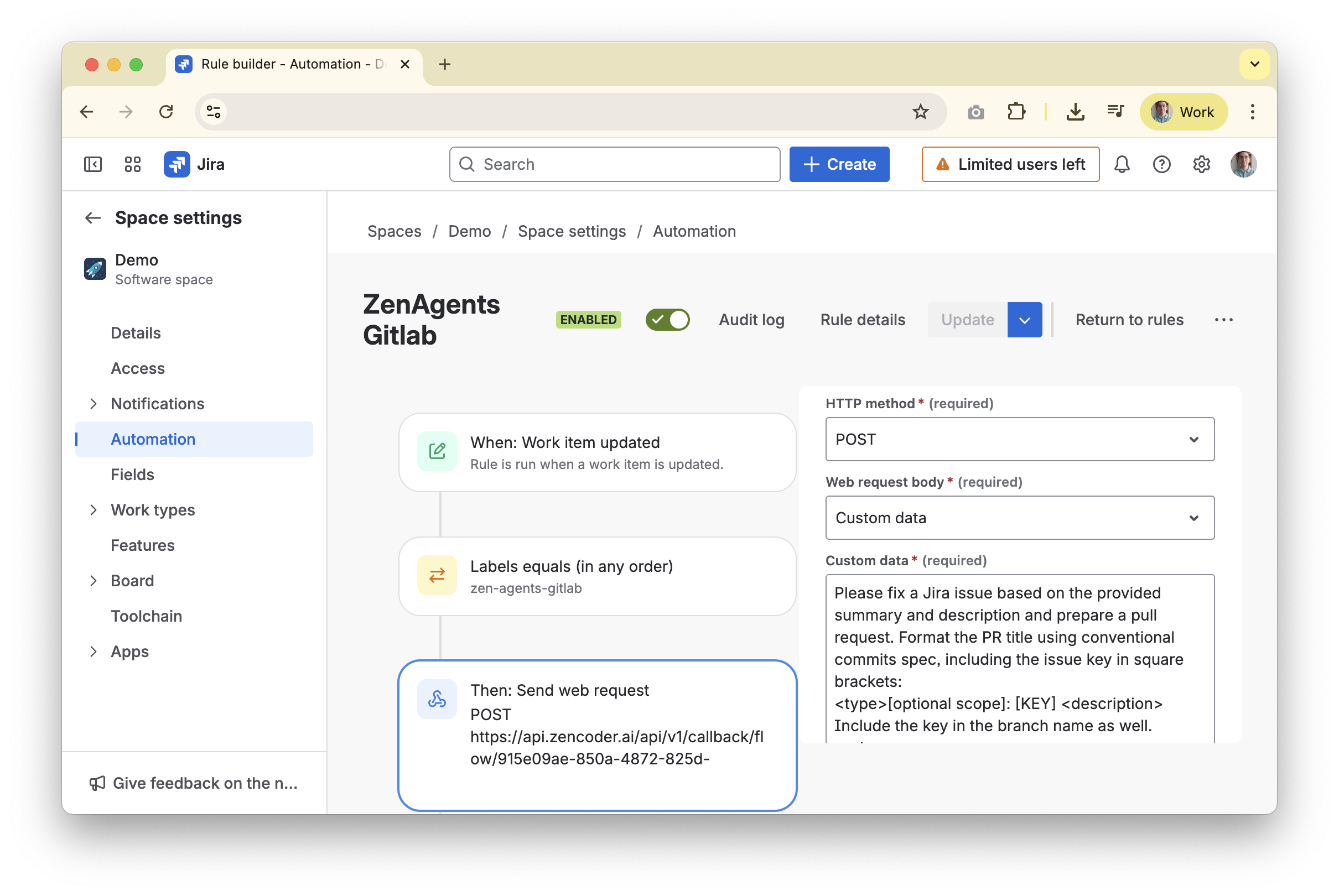 Jira automation rule configured for GitLab webhook trigger