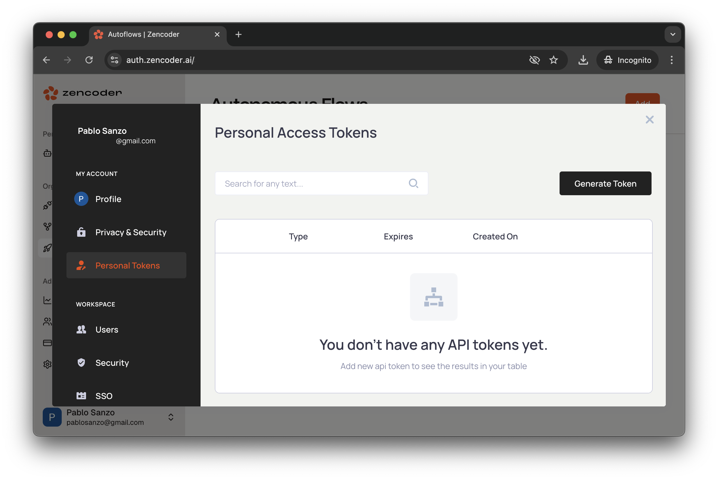 Zencoder Personal Tokens settings page