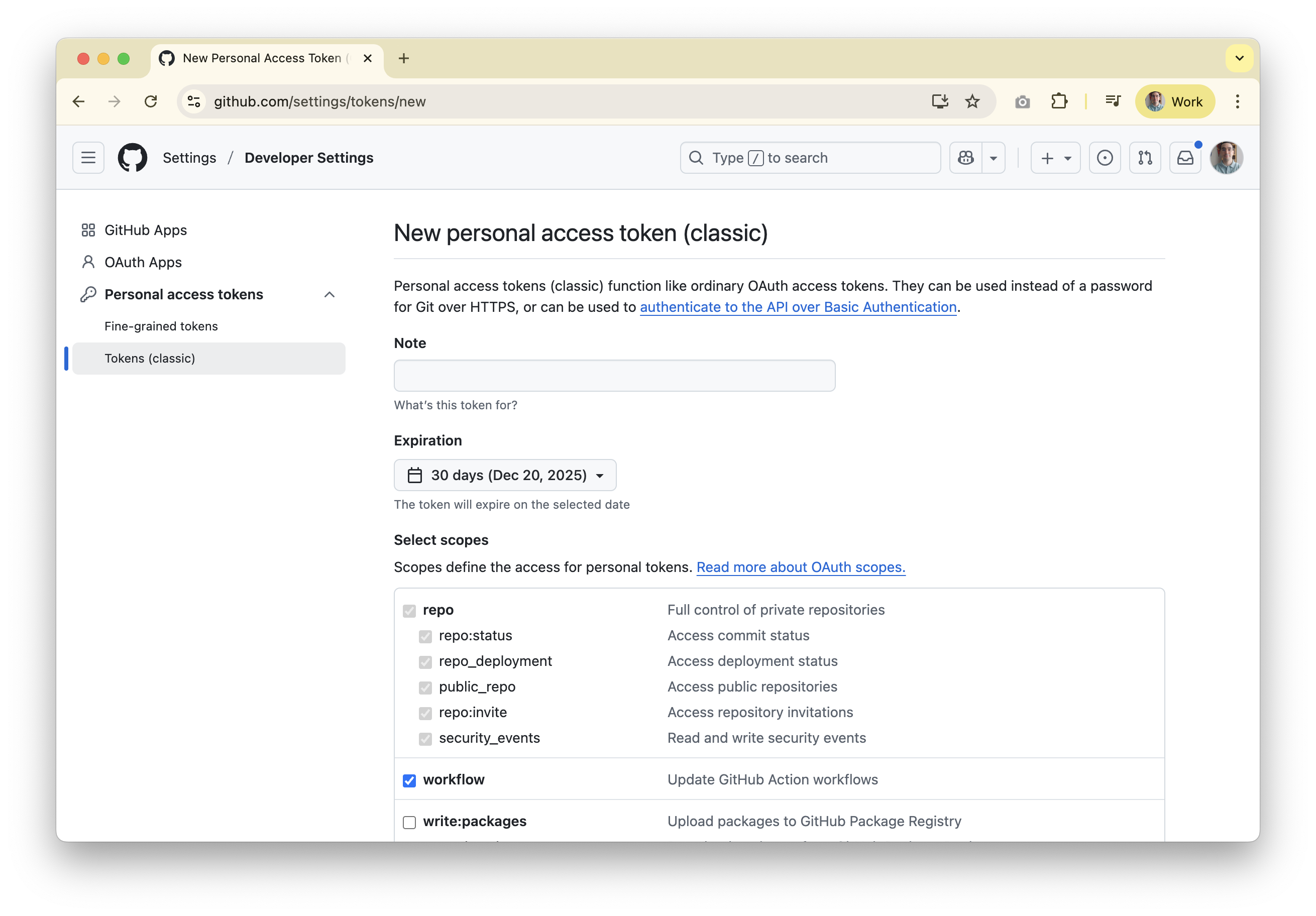 GitHub classic personal access token creation form showing repo and workflow scopes