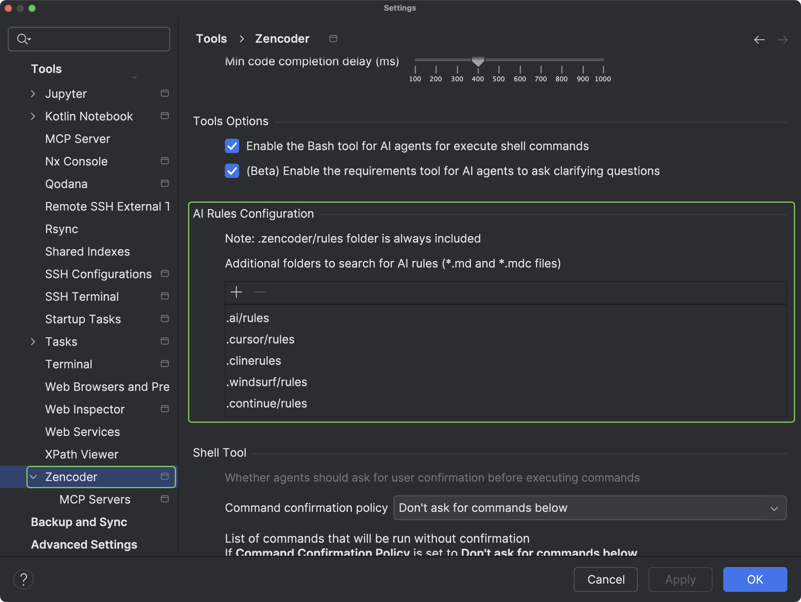 JetBrains Zencoder settings showing AI Rules Configuration section with predefined folders