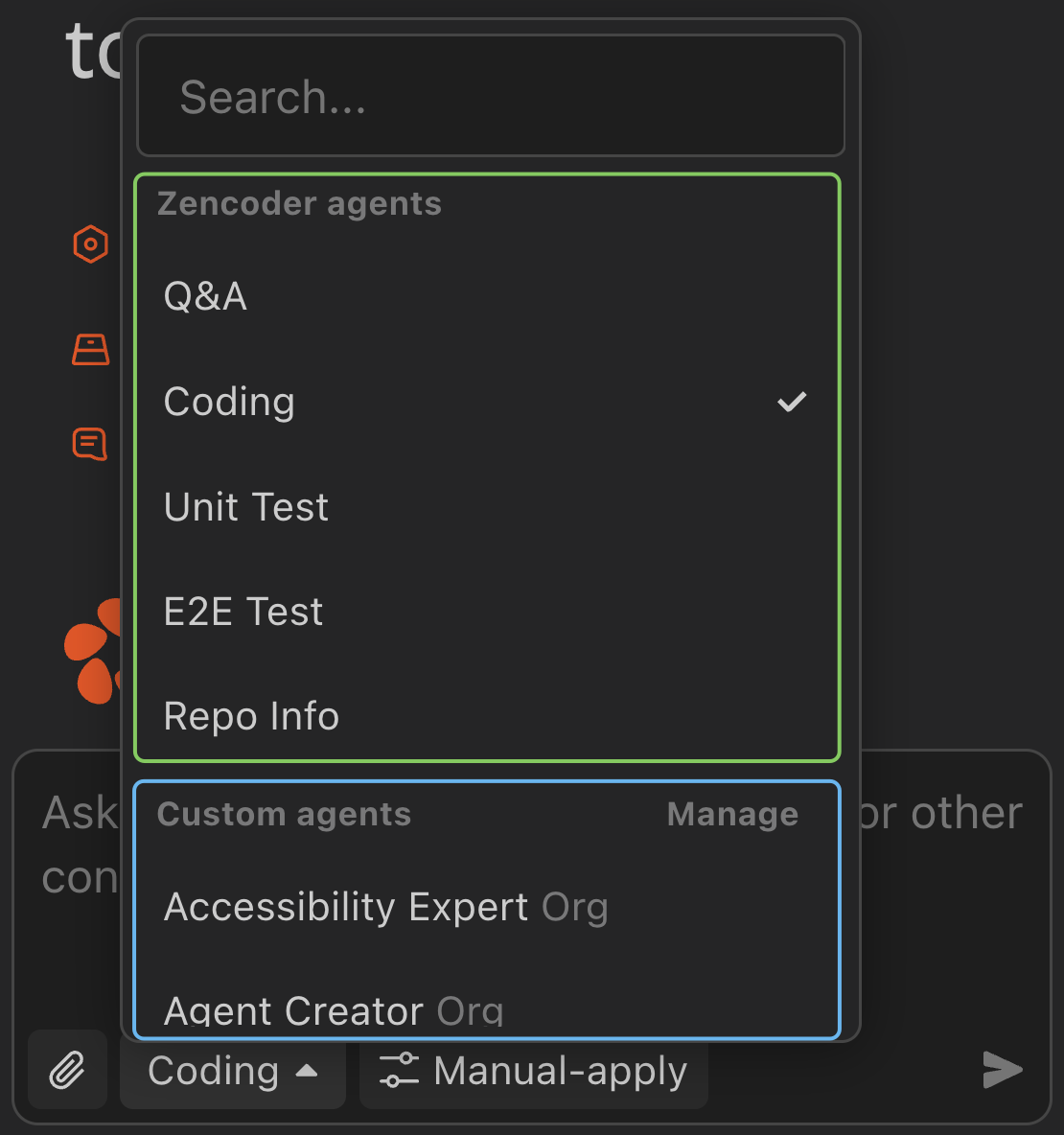 Agent dropdown showing core agents in green section and custom agents in blue section with search functionality
