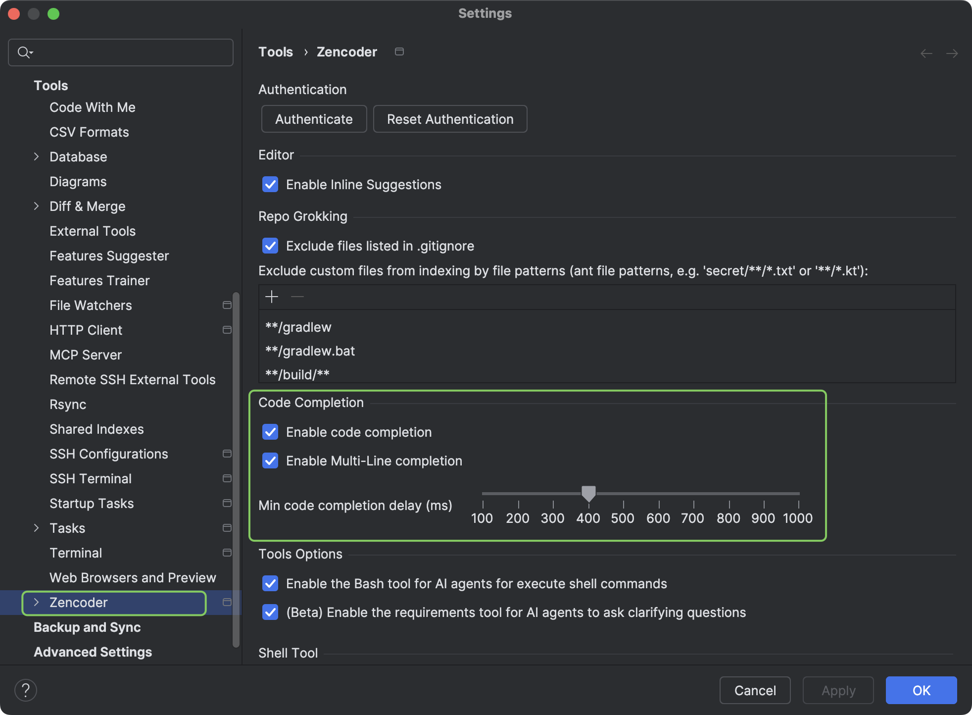 JetBrains code completion settings showing checkboxes and delay slider