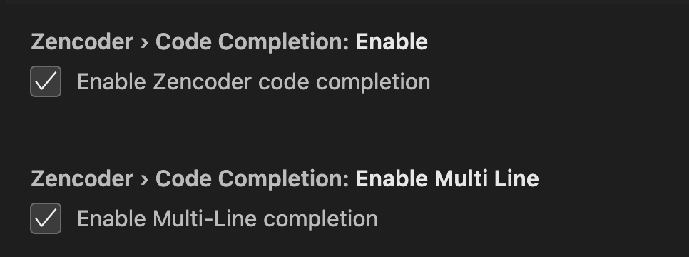 VS Code code completion settings showing checkboxes for enabling code completion features