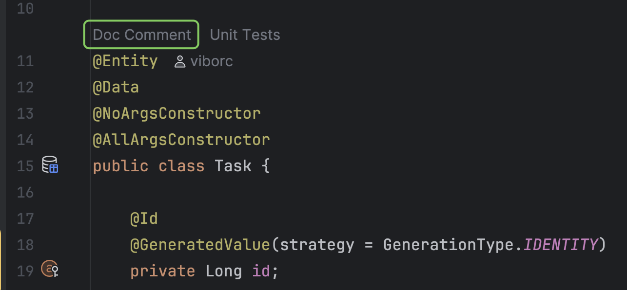 JetBrains IDE showing Doc Comment code lens above functions