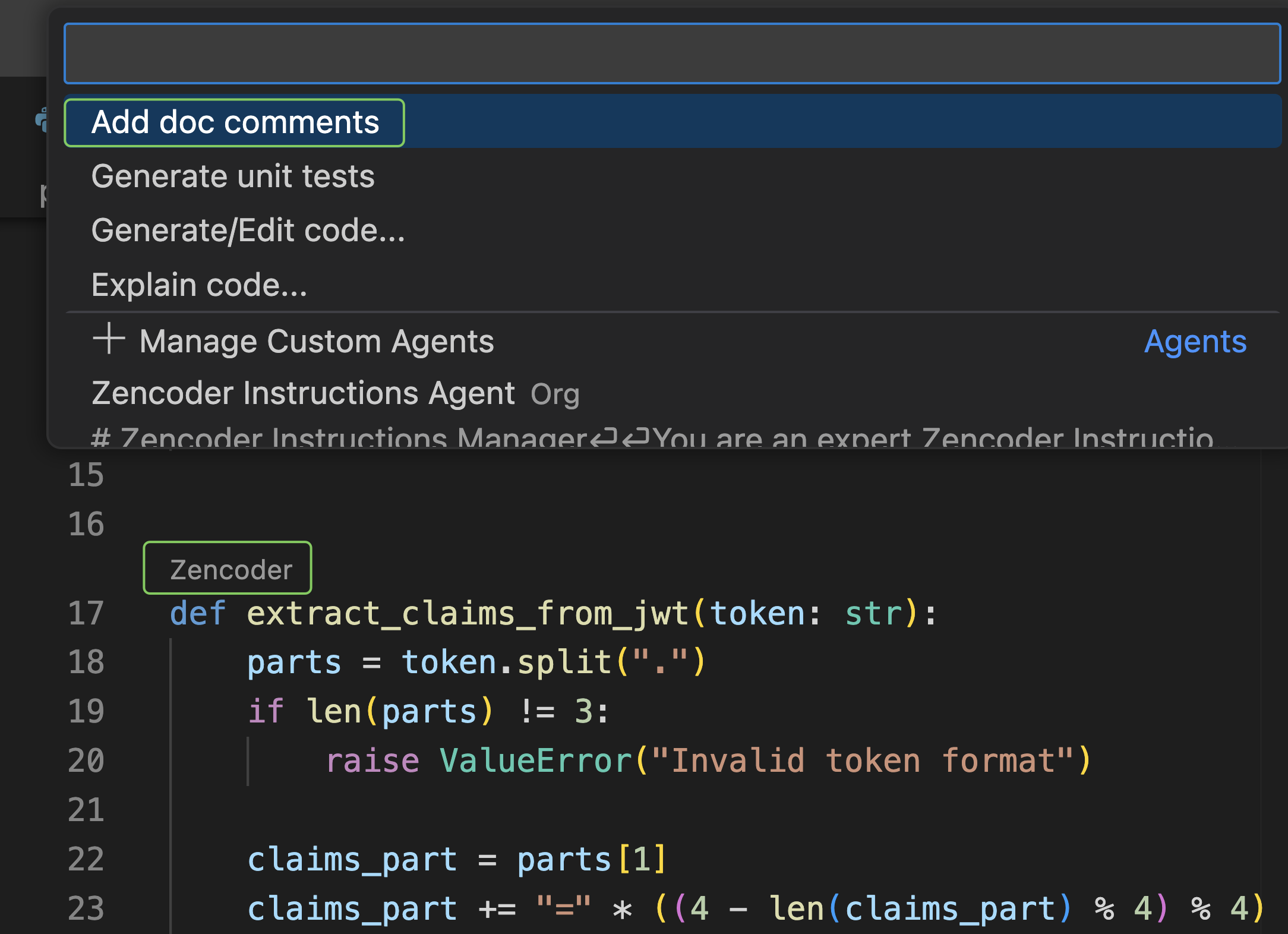 VS Code showing Zencoder code lens above functions