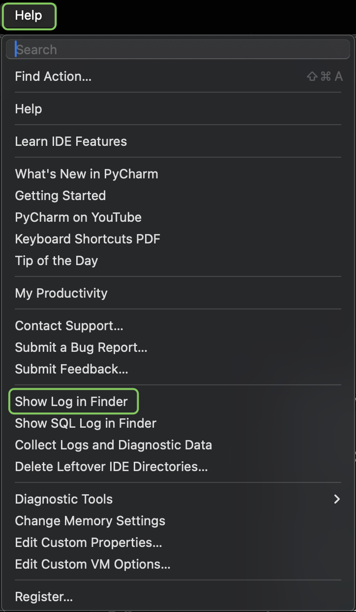 JetBrains Show Log Menu