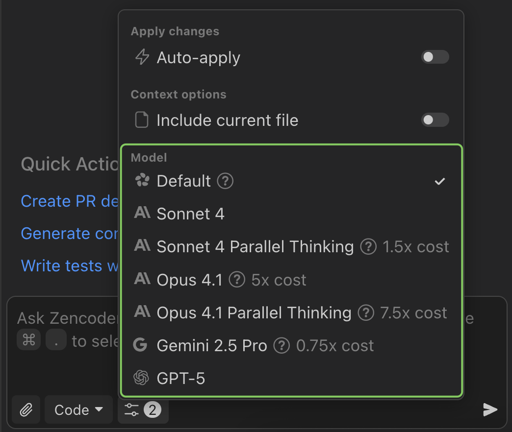Model selector showing available models and multipliers
